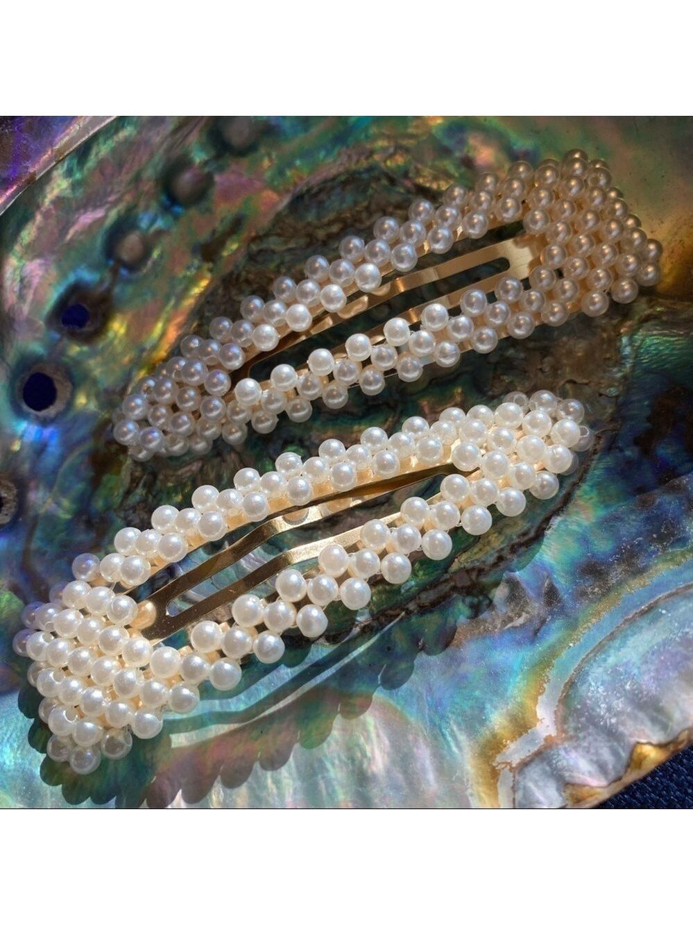 Ivory Pearl Embellished Clip On Barrettes Pair Glam Prom Wedding Dressy Dance - Picture 7 of 10